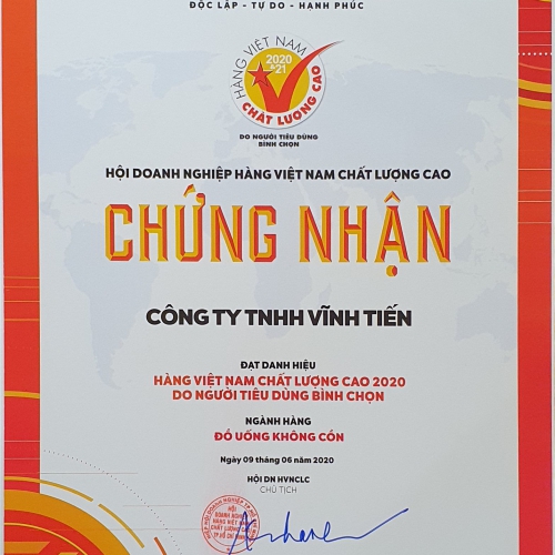 CÔNG TY TNHH VĨNH TIẾN ĐẠT DANH HIỆU HÀNG VIỆT NAM CHẤT LƯỢNG CAO 2020 – DO NGƯỜI TIÊU DÙNG BÌNH CHỌN.
